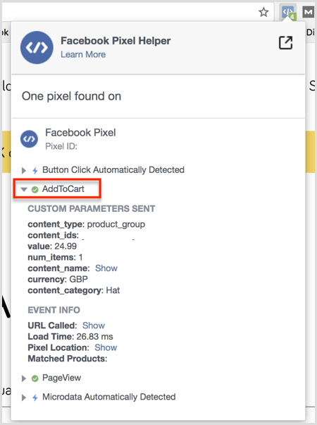 Facebook Pixel Helper plugin results on Add to Cart page