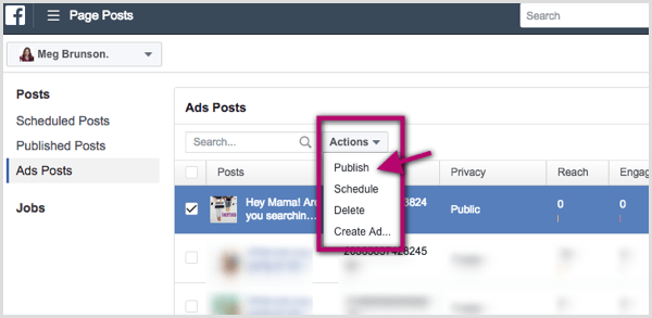 Actions menu options on Page Posts page