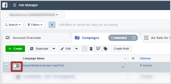 Toggle to turn on campaign in Ads Manager.