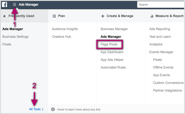 Page Posts option in Facebook Ads Manager