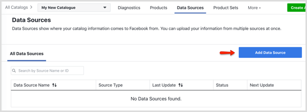 Add Data Source button on Data Sources tab in Facebook Catalog Manager