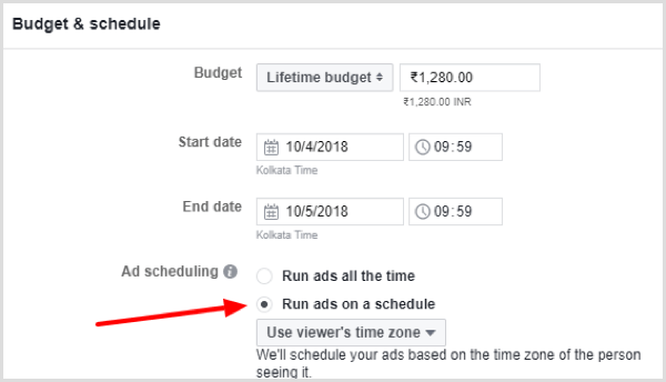 Select the Run Ads on a Schedule option under Ad Scheduling.