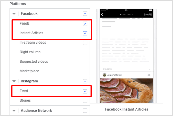 Select placement options for your Facebook campaign.