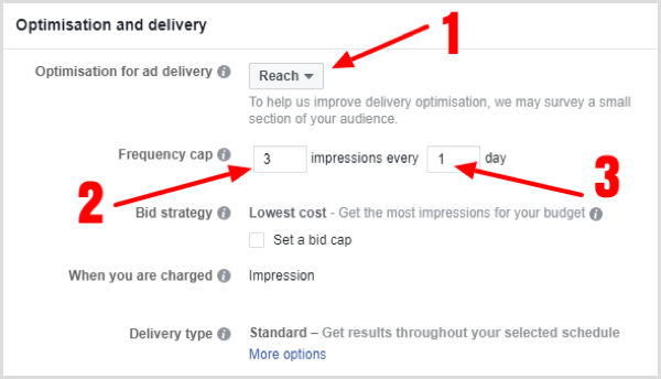 Choose Optimization and Delivery options for your Facebook campaign.