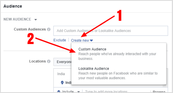 Click Create New under the Custom Audiences box and select Custom Audience.