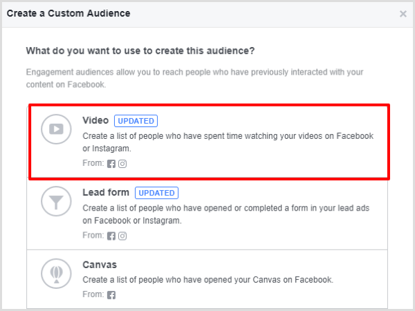 Select the Video engagement option for your Facebook custom audience.