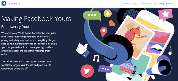 Facebook hat das Jugendportal gestartet, ein zentraler Ort für Jugendliche, der Ego-Accounts von Teenagern aus der ganzen Welt, Ratschläge zur Navigation in sozialen Medien und im Internet sowie Tipps zur Steuerung und optimalen Nutzung ihrer Erfahrungen auf Facebook enthält.