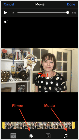 Tap the tools at the bottom of the screen to add filters and music in iMovie.