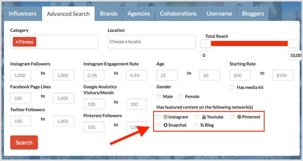 Influenceco Advanced Search options