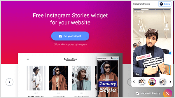 Instagram Stories widget from Fastory home page has a bright pink gradient background with the text Free Instagram Stories Widget For Your Website. A blue button with the Facebook logo says Get Your Widget. A simulated mobile screen displaying an Instagram story appears on the right side of the web page.
