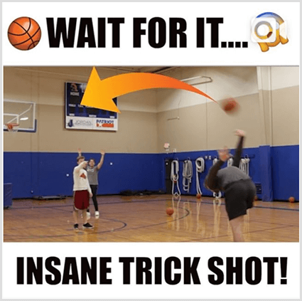 An Instagram video post thumbnail image has white bars and black text above and below an image of a white man doing a trick shot with a basketball in a gym. The top text has a basketball emoji and the text Wait For It. The bottom text says Insane Trick Shot!