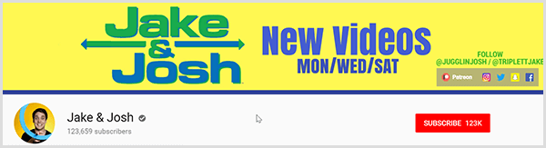 Jake and Josh YouTube channel page has a yellow background and the text Jake in green above Josh in blue. The text New Videos Mon Wed Sat appears to the right along with their Instagram, Twitter, Snapchat, and Facebook handles.