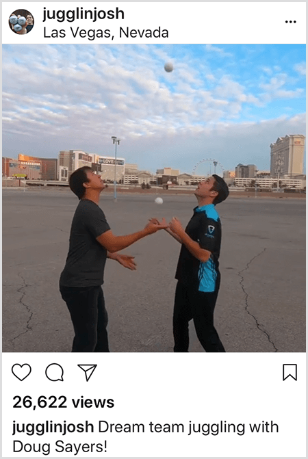 A Josh Horton Instagram photo of collaboration with Doug Sayers. The top of the post locates the photo in Las Vegas, Nevada. Two white men stand in an empty lot facing each other while looking up at the balls they are juggling.