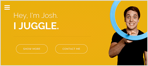 Josh Horton's website for juggling has a yellow background, a photo of Josh smiling and twirling a light blue juggling ring around his index finger, and white text that says Hey I'm Josh. I Juggle.