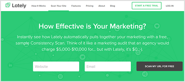 The Lately Consistency Scanner page has a green background and two text boxes, one for a website address and another for an email address. Above the text boxes is white text that says How Effective Is Your Marketing? Next to the text boxes is a black button that says Scan My URL For Free.