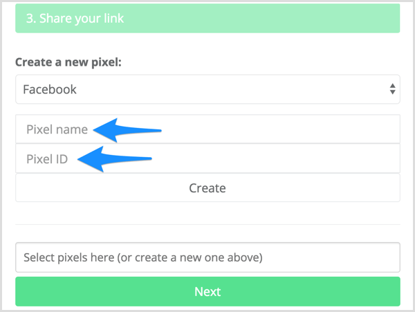 Geben Sie Ihren Pixelnamen und Ihre Pixel-ID in Meteor.link ein.