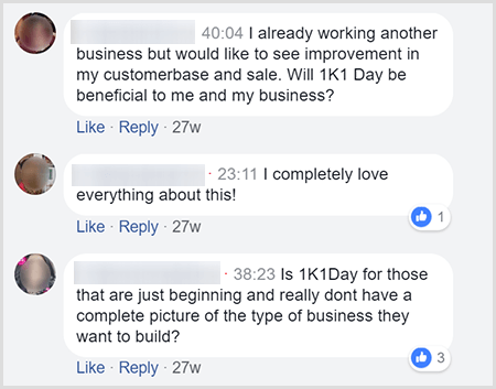 Nicole Walters answers questions during a live video such as these questions posted in live video comments. Question 1- I'm already working another business but would like to see improvement in my customer base and sales. Will 1K1Day be beneficial to me and my business? Comment 2- I completely love everything about this! Question 3-Is 1K1Day for those that are just beginning and really don't have a complete picture of the type of business they want to build?