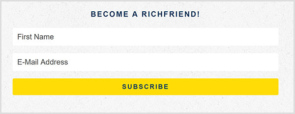 Nicole Walters calls her email list her Rich Friend list as shown on the email signup form on her website. She asks for a first name and email address. The form has a bright yellow Subscribe button.