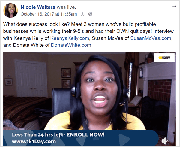 Nicole Walters hosts live video with three women who have built profitable businesses, Keenya Keylly, Susan McVea, and Donata White. Nicole appears in horizontal video wearing headphones and a light yellow cardigan. A lower third says Less Than 24 Hrs Left ENROLL NOW! www.1k1Day.com.