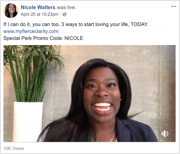 Nicole Walters shares a Facebook live video promoting her course Fierce Clarity. She appears in business clothes in front of a neutral wall and a tall bamboo plant in a white planter.