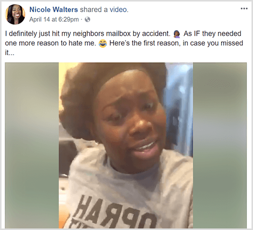 Nicole Walters posted a Facebook video with a text introduction that says she just hit her neighbor's mailbox accidentally. Nicole is wearing a black head wrap and a gray t-shirt.