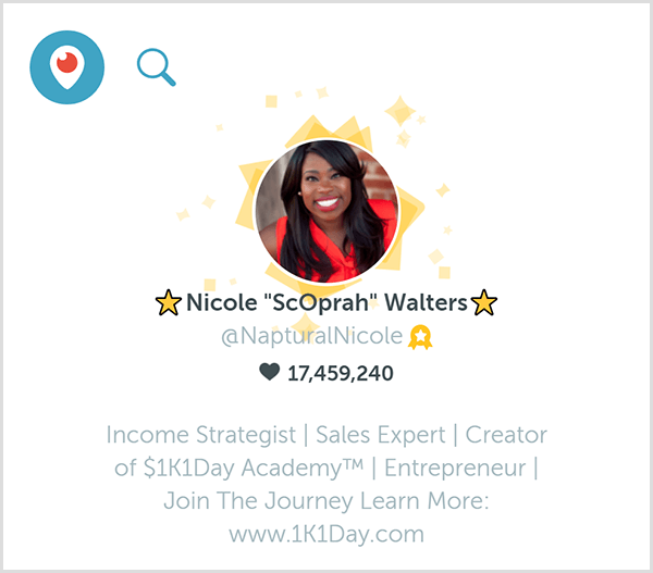 Nicole Walters' profile on periscope features an image of Nicole smiling as well as a list of her consulting skills and courses in a gray font.