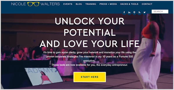 Nicole Walters' website has a video background in which Nicole wears white pants and red top while standing on a stage. Her logo is a pair of yellow glasses. The text Unlock Your Potential And Love Your Life appears on the home page in a large white font. A yellow button says Start Here.