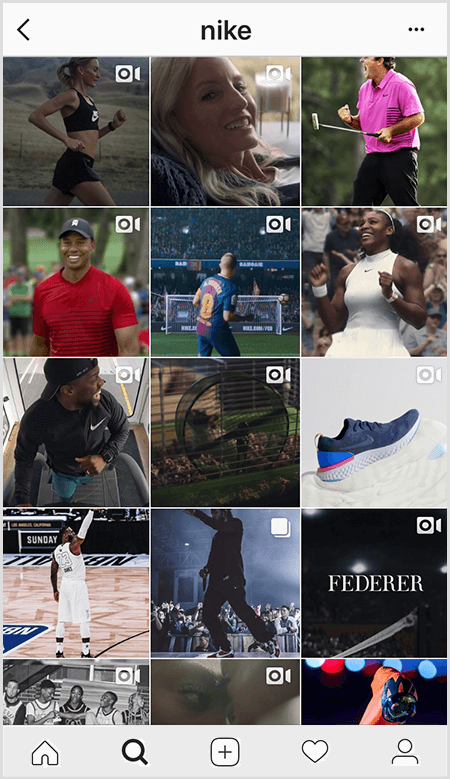 Nike Instagram posts feature a grid of athletes wearing Nike gear but few images in the feed have text.