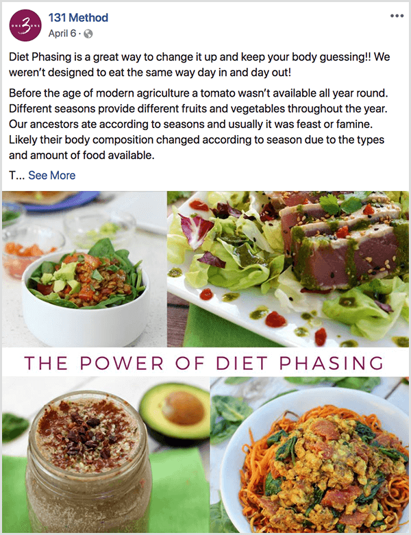 The 131 Method Facebook page posts about diet phasing.