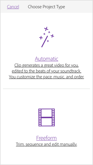 Select Automatic to have Adobe Premiere Clip create a video for you.