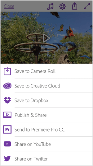 Share your Adobe Premiere Clip video directly to YouTube and Twitter, or save it to your Gallery or Creative Cloud