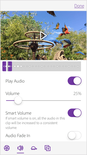 Change the music track and duration, exposure, filter, and sequence of the slides in Adobe Premiere Clip.