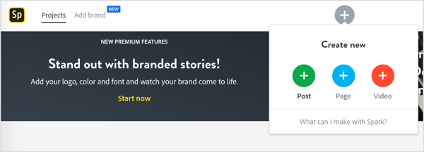 + 아이콘을 탭하면 Adobe Spark에서 새 게시물을 만들 수 있습니다.