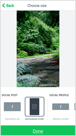 Select a size with the Adobe Spark Post mobile app.