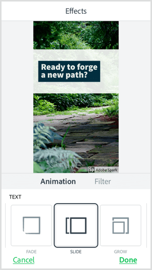 Select a text animation option with the Adobe Spark Post mobile app.