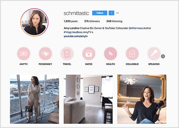 Amy Landino's Instagram profile uses the handle schmittastic. Her Instagram profile shows Highlight categories for AmyTV, Picmonkey, Travel, Dates, Health, Columbus, and Speaking. The photos show pictures of Amy.