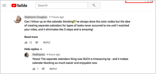 Amy Landino uses the Find command to search for question marks in her YouTube video comments. The Find box appears in the upper right of a browser window. After doing a find for a question mark, the character is highlighted in yellow on the video web page.