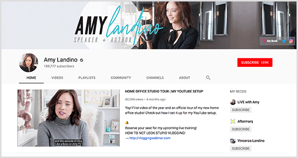 AmyTV is Amy Landino's rebranded YouTube channel. The channel page features photos of Amy and the video she used to launch her rebranded channel.