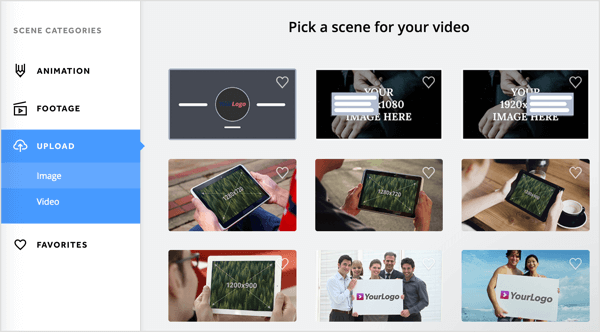 Pick a scene for your video on the Biteable Upload tab.