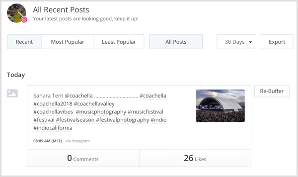 Instagram post insights available in Buffer