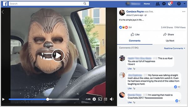 Candace Payne went live on Facebook in a Chewbacca mask from the Kohl's parking lot. At the time this screenshot was taken, her video had 3.4 million shares and 174 million views.