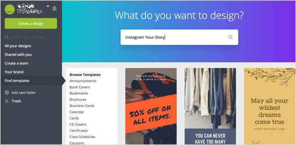 Click Find Templates on the left and search for "Instagram Your Story" in Canva.