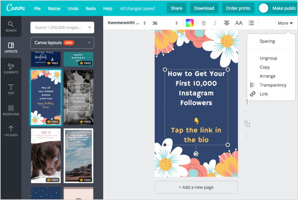 Select a layout in Canva and modify the design as desired.