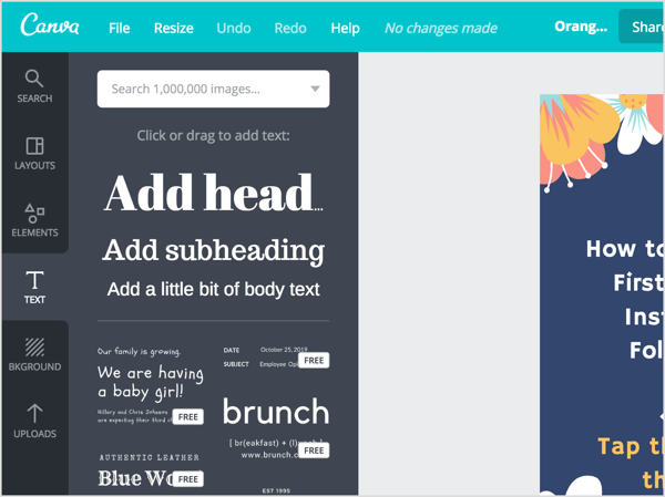 Click the Text tab to add pre-defined content in Canva.