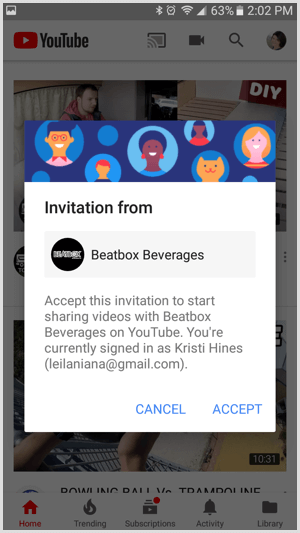 Pop-up message that people see who click a YouTube invitation link
