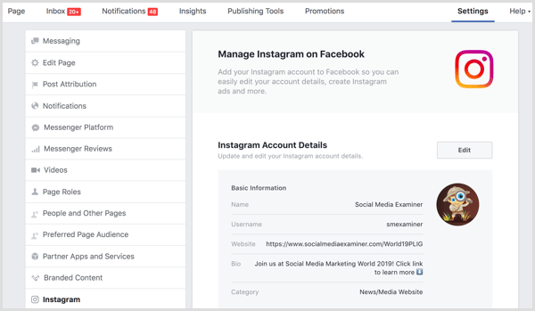 connect Instagram profile to Facebook on Settings tab