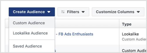 create Facebook custom audience for funnel