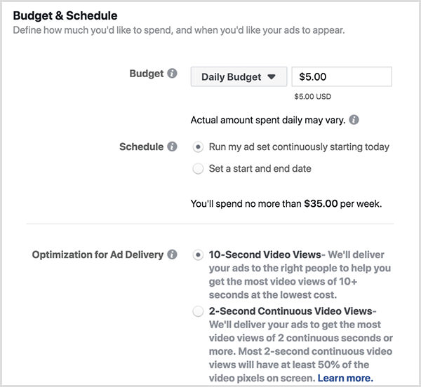 Facebook ad budget and schedule options include a Daily Budget and 10-Second Views.