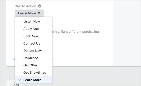 Facebook ad call to action button menu