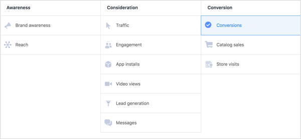 Select the Conversions objective for a Facebook campaign.